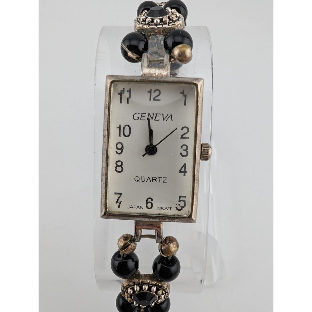 Geneva Watch Women 19mm Case Silver & Black Beaded Band Toggle Clasp New Battery